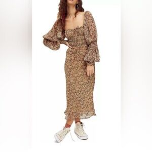 Free People Aglow Midi Dress Pink Floral Poet Sleeves Small NWT